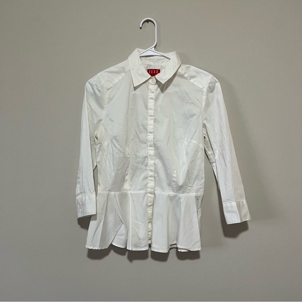 Elle white raffles button up shirt blouse 3/4 sleeves